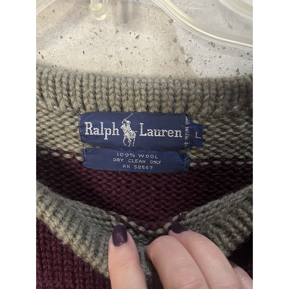 Ralph Lauren Sweater VTG Sz large gray with purple Crewneck Striped-See Pics - Picture 2 of 4